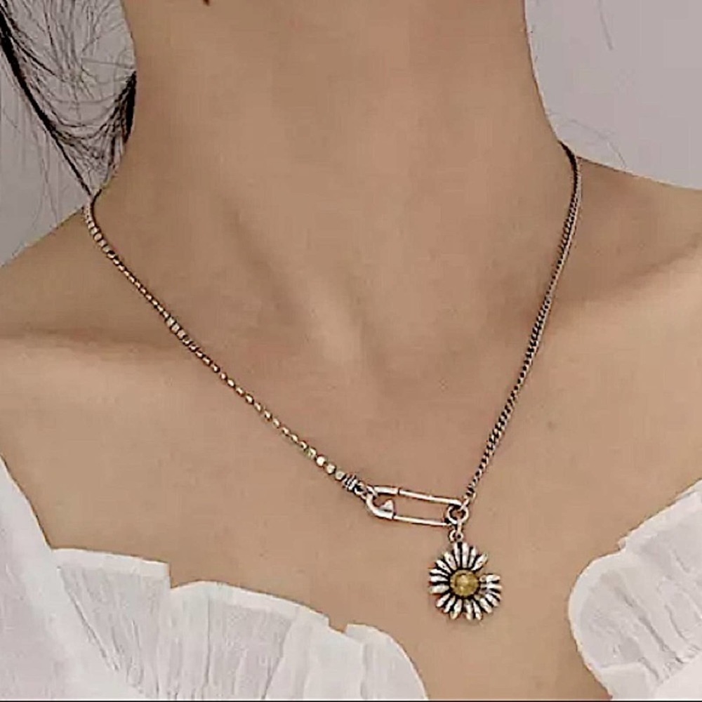 Sunflower Sterling Silver Chain Safety Pin Charm Necklace - Picture 5 of 7